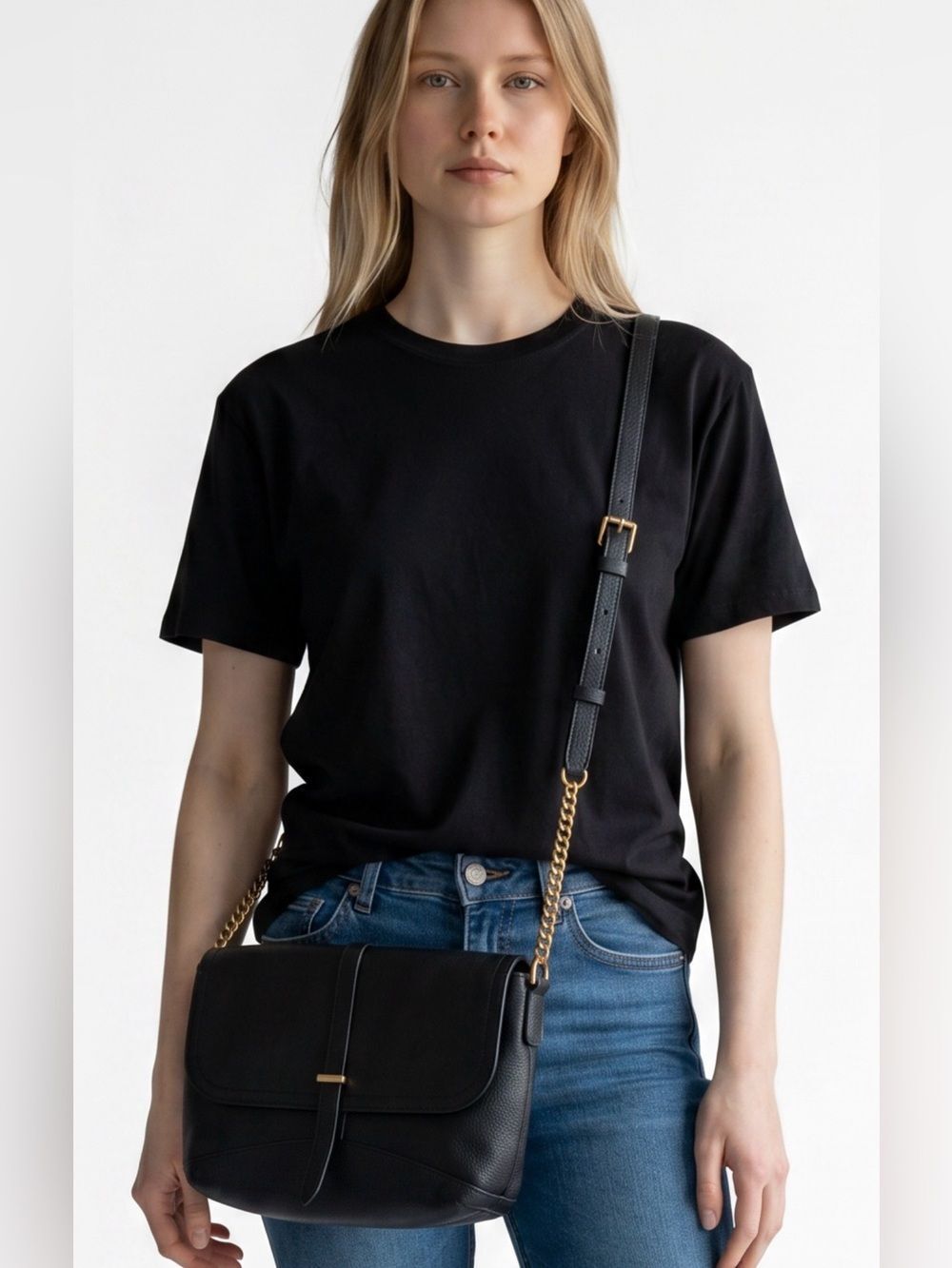Fossil Dark Leather Crossbody Bag with Gold Accents